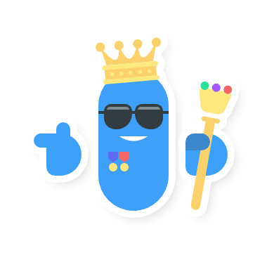 A Jellybean Mascot Wearing Sunglasses and a Crown