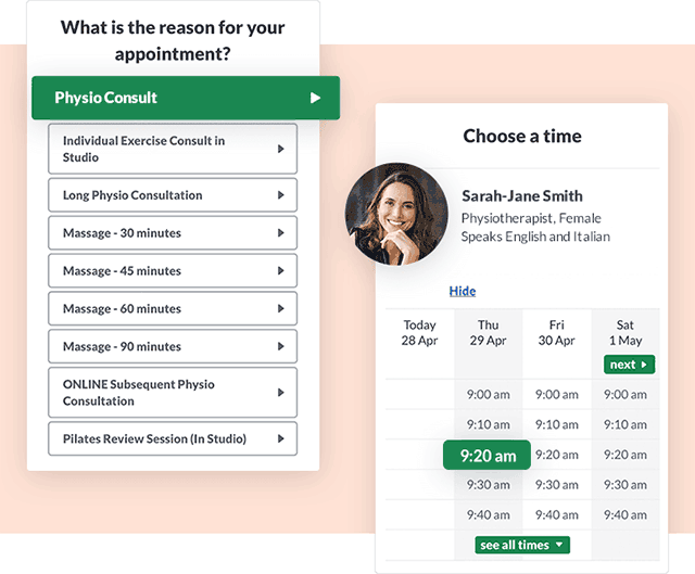 HotDoc online booking interface for allied health professionals